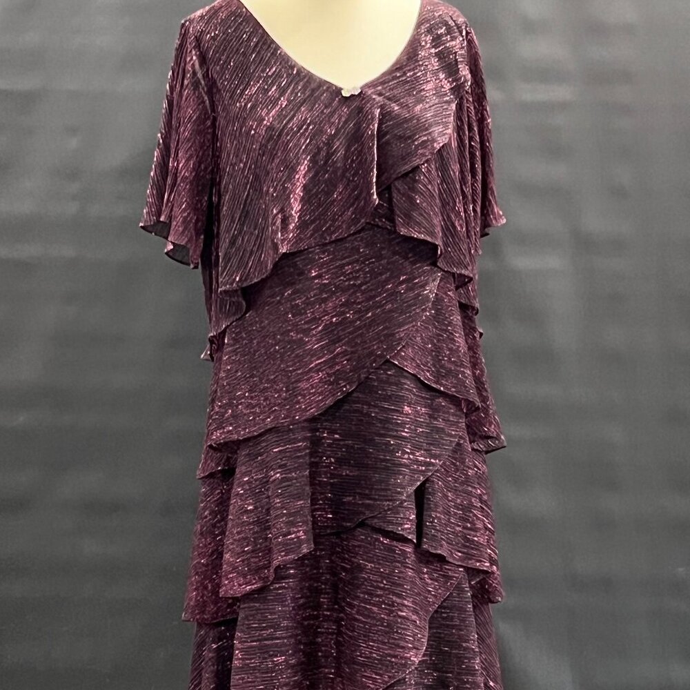 SLNY Metallic Plum Layered Ruffle Dress